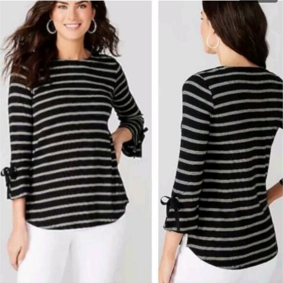 J Jill Pima Tie Sleeve Tee Crew Neck Black and White Stripe Cotton Top Size M - Picture 11 of 11